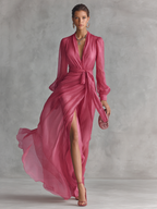 Women’s Rose Pink Pearl Chiffon V-Neck Tie-Waist Long Dress – Elegant Slit A-Line Evening Dress