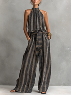 Women’s Elegant Striped Printed Woven Sleeveless Top & Trousers Set – Chic Two-Piece Office to Casual Outfit