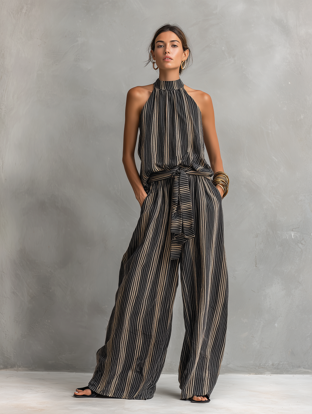 Women’s Elegant Striped Printed Woven Sleeveless Top & Trousers Set – Chic Two-Piece Office to Casual Outfit