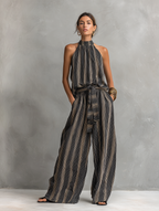 Women’s Elegant Striped Printed Woven Sleeveless Top & Trousers Set – Chic Two-Piece Office to Casual Outfit
