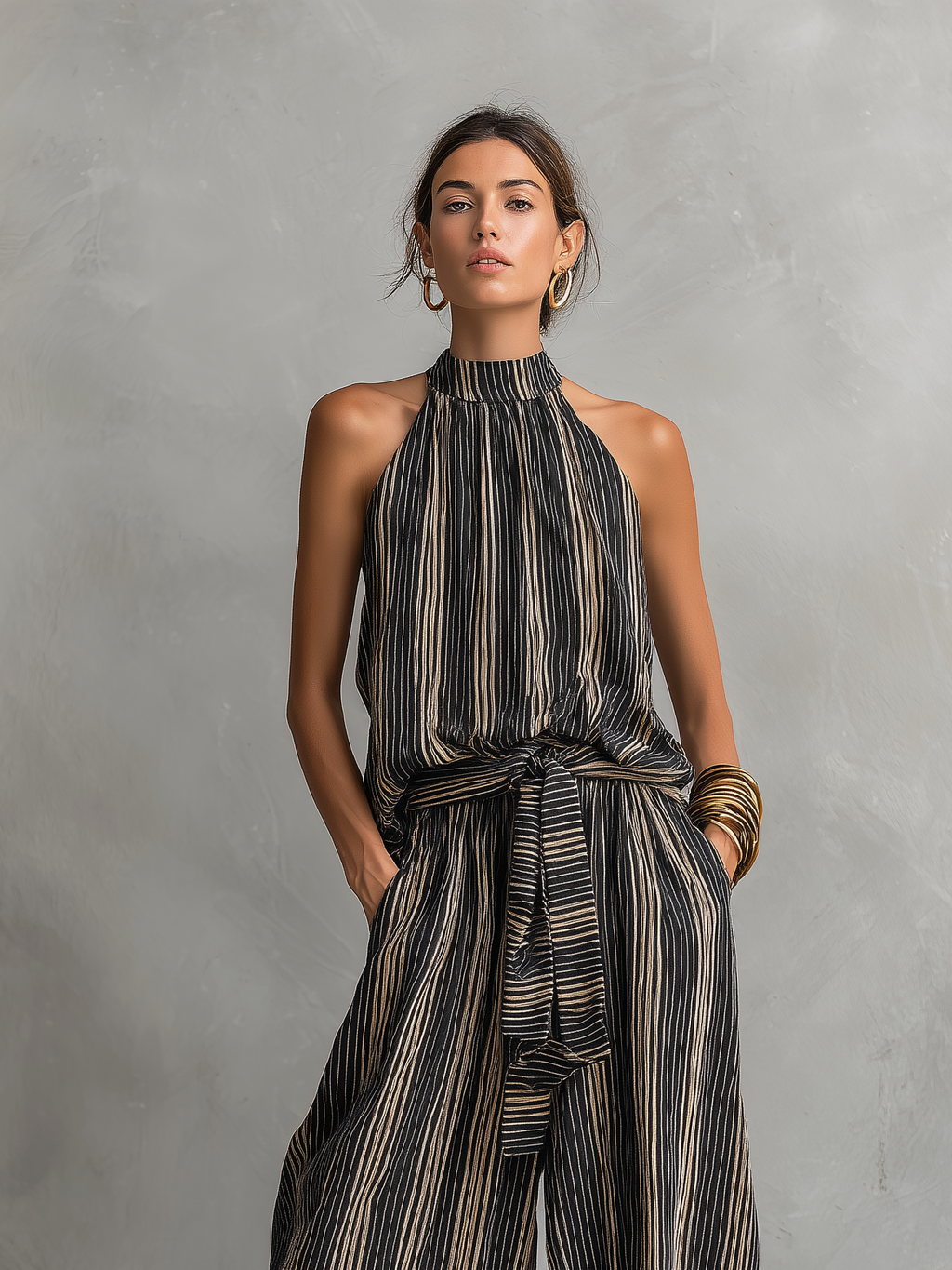 Women’s Elegant Striped Printed Woven Sleeveless Top & Trousers Set – Chic Two-Piece Office to Casual Outfit