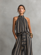 Women’s Elegant Striped Printed Woven Sleeveless Top & Trousers Set – Chic Two-Piece Office to Casual Outfit