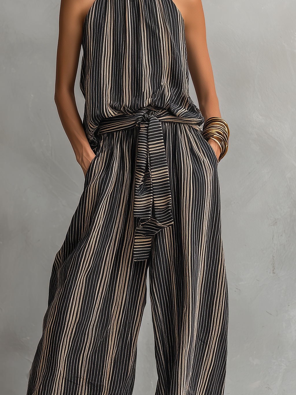 Women’s Elegant Striped Printed Woven Sleeveless Top & Trousers Set – Chic Two-Piece Office to Casual Outfit