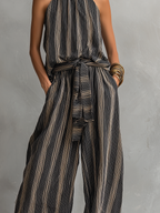 Women’s Elegant Striped Printed Woven Sleeveless Top & Trousers Set – Chic Two-Piece Office to Casual Outfit
