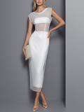 Women's Elegant White Mesh-Paneled Strapless Bodycon Maxi Dress