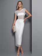 Women's Elegant White Mesh-Paneled Strapless Bodycon Maxi Dress
