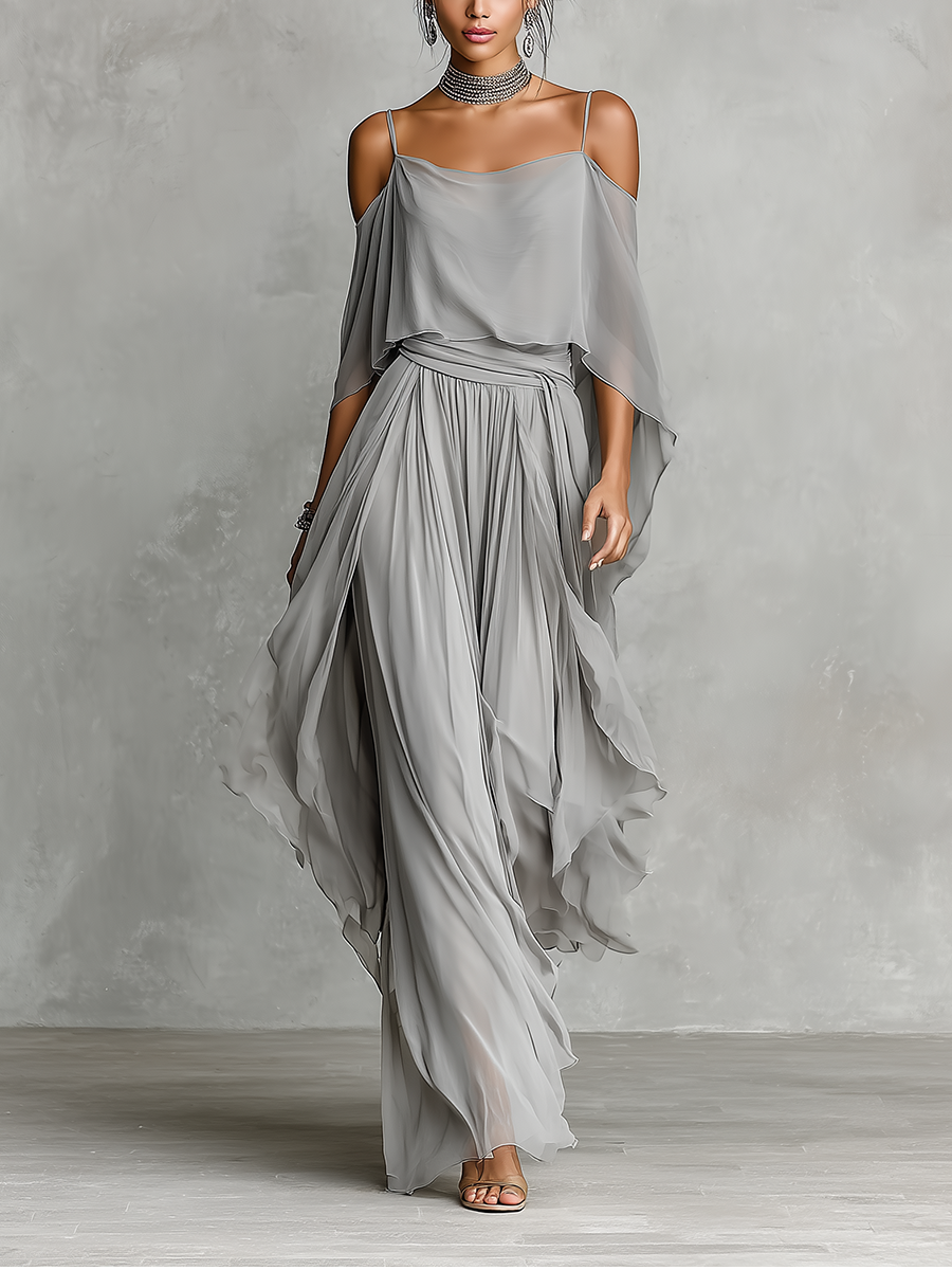 Women’s Grey Chiffon Two-Piece Set — Cold-Shoulder Flared Top & Wide-Leg Pants, Elegant Evening Wear Set
