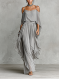 Women’s Grey Chiffon Two-Piece Set — Cold-Shoulder Flared Top & Wide-Leg Pants, Elegant Evening Wear Set
