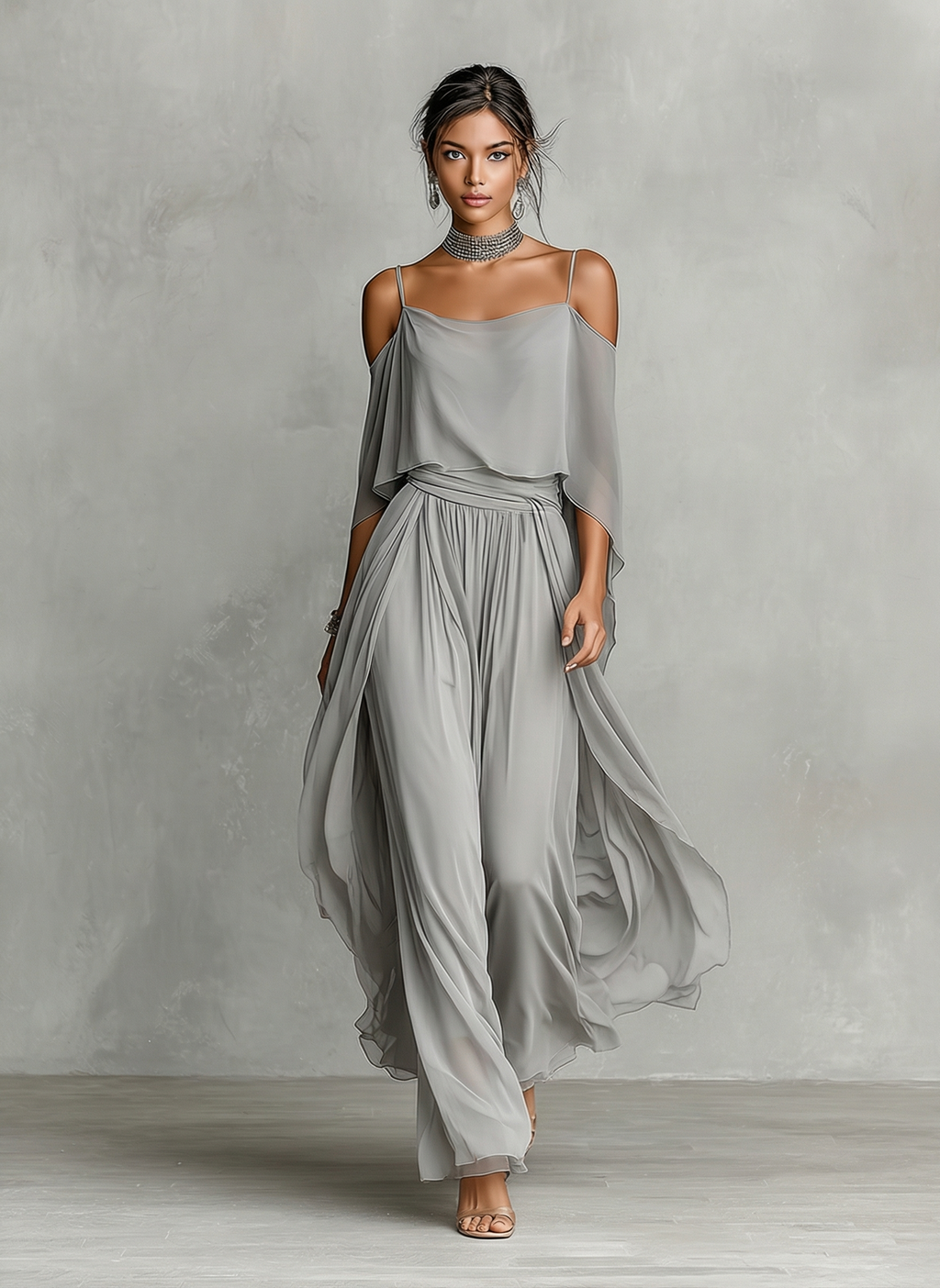 Women’s Grey Chiffon Two-Piece Set — Cold-Shoulder Flared Top & Wide-Leg Pants, Elegant Evening Wear Set