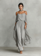 Women’s Grey Chiffon Two-Piece Set — Cold-Shoulder Flared Top & Wide-Leg Pants, Elegant Evening Wear Set