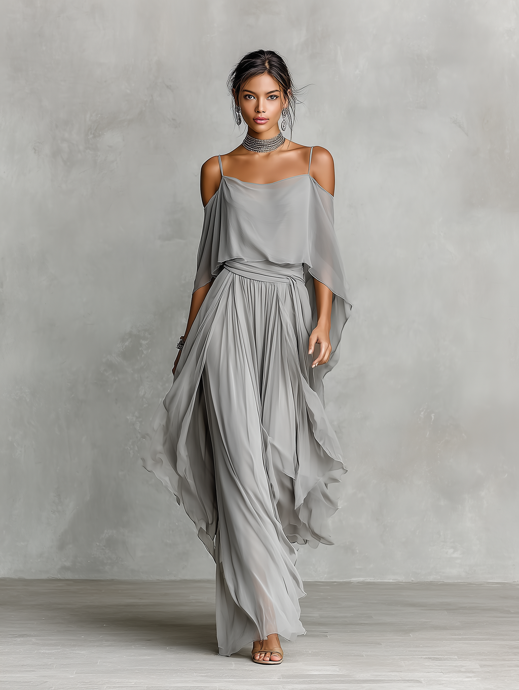 Women’s Grey Chiffon Two-Piece Set — Cold-Shoulder Flared Top & Wide-Leg Pants, Elegant Evening Wear Set