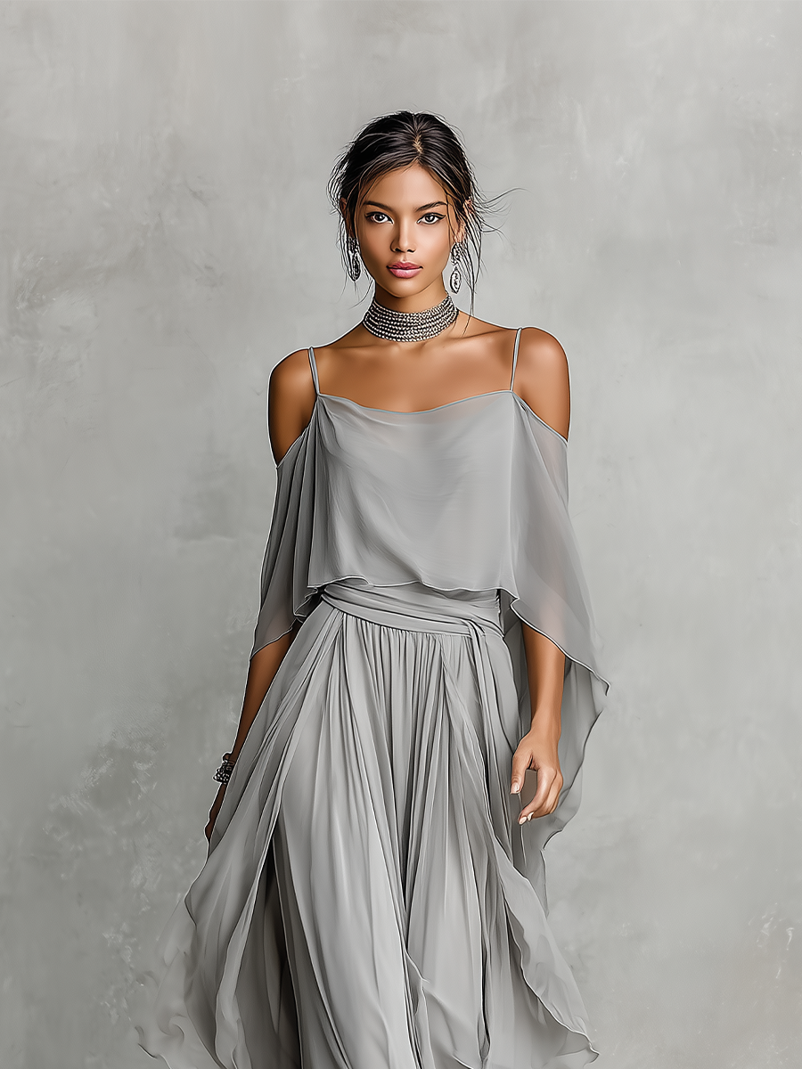Women’s Grey Chiffon Two-Piece Set — Cold-Shoulder Flared Top & Wide-Leg Pants, Elegant Evening Wear Set