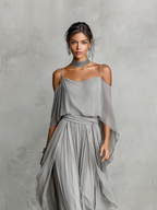 Women’s Grey Chiffon Two-Piece Set — Cold-Shoulder Flared Top & Wide-Leg Pants, Elegant Evening Wear Set