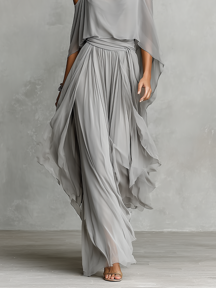 Women’s Grey Chiffon Two-Piece Set — Cold-Shoulder Flared Top & Wide-Leg Pants, Elegant Evening Wear Set