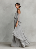Women’s Grey Chiffon Two-Piece Set — Cold-Shoulder Flared Top & Wide-Leg Pants, Elegant Evening Wear Set