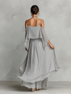 Women’s Grey Chiffon Two-Piece Set — Cold-Shoulder Flared Top & Wide-Leg Pants, Elegant Evening Wear Set