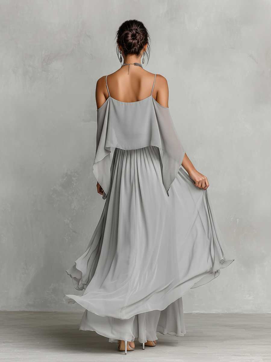 Women’s Grey Chiffon Two-Piece Set — Cold-Shoulder Flared Top & Wide-Leg Pants, Elegant Evening Wear Set