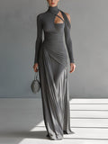 Women’s Grey Silky Stretch Ruched Cut-Out Maxi Dress — High-Neck Bodycon Elegant Evening Gown