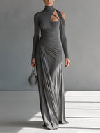 Women’s Grey Silky Stretch Ruched Cut-Out Maxi Dress — High-Neck Bodycon Elegant Evening Gown