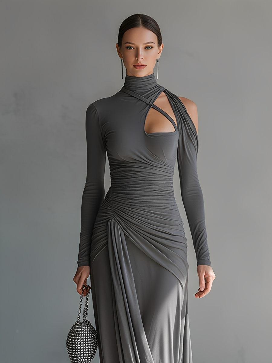 Women’s Grey Silky Stretch Ruched Cut-Out Maxi Dress — High-Neck Bodycon Elegant Evening Gown