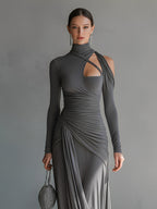 Women’s Grey Silky Stretch Ruched Cut-Out Maxi Dress — High-Neck Bodycon Elegant Evening Gown