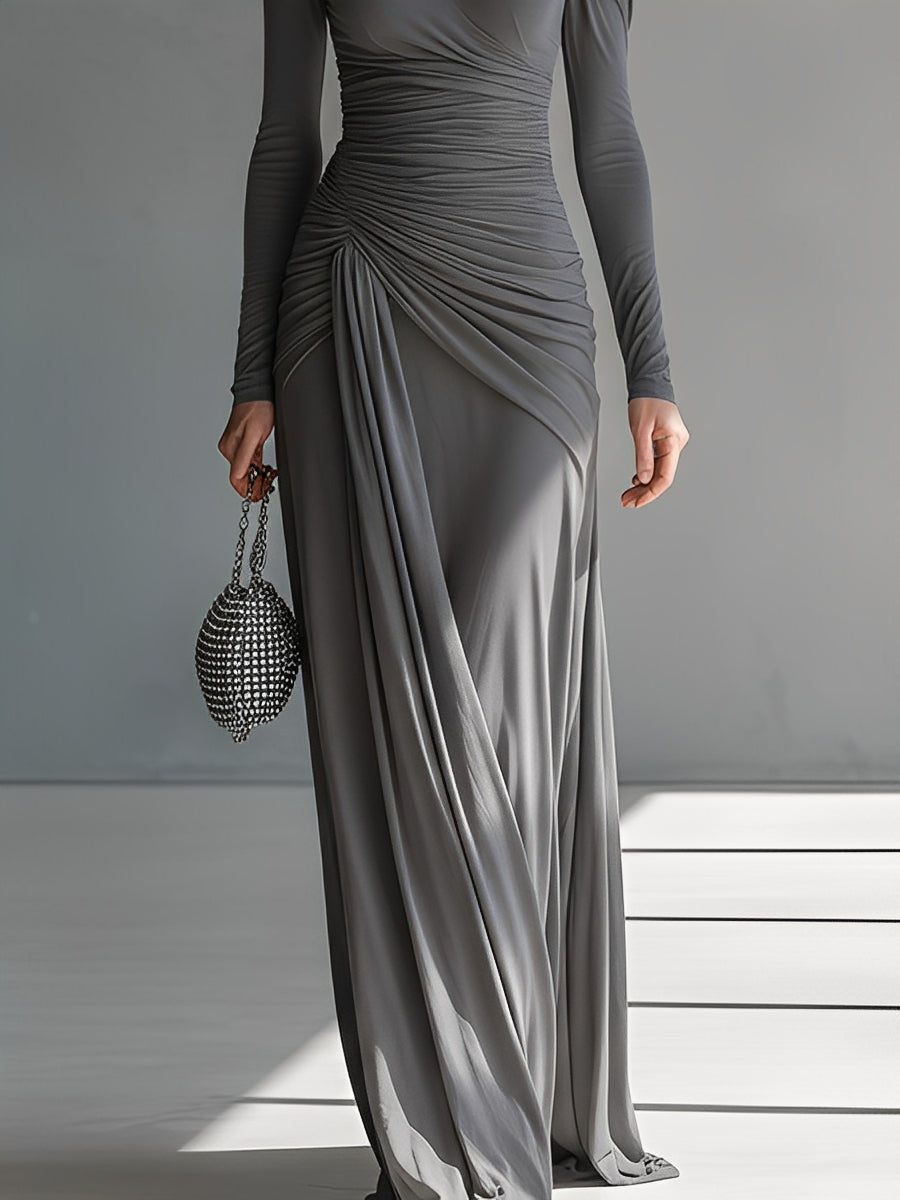 Women’s Grey Silky Stretch Ruched Cut-Out Maxi Dress — High-Neck Bodycon Elegant Evening Gown