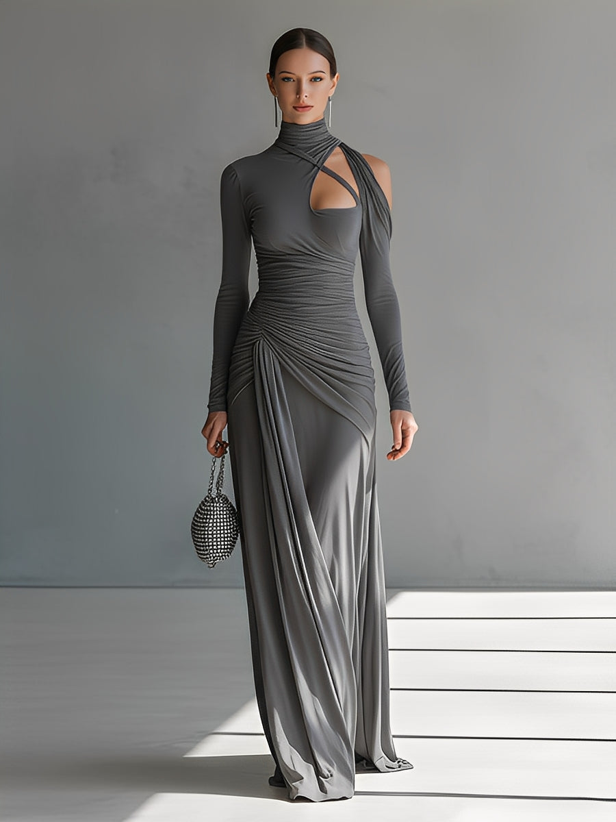 Women’s Grey Silky Stretch Ruched Cut-Out Maxi Dress — High-Neck Bodycon Elegant Evening Gown