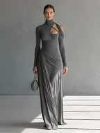 Women’s Grey Silky Stretch Ruched Cut-Out Maxi Dress — High-Neck Bodycon Elegant Evening Gown