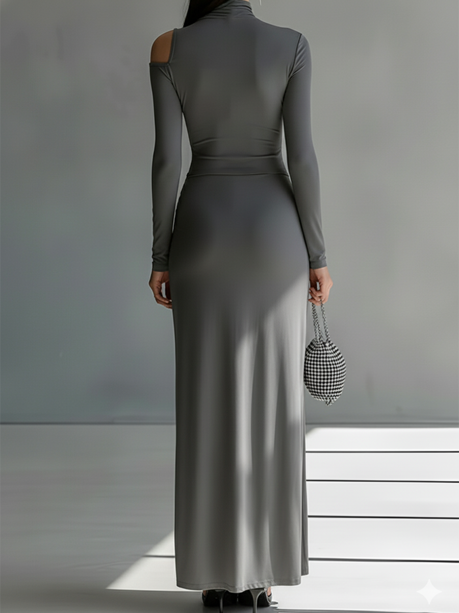 Women’s Grey Silky Stretch Ruched Cut-Out Maxi Dress — High-Neck Bodycon Elegant Evening Gown