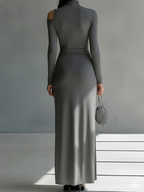 Women’s Grey Silky Stretch Ruched Cut-Out Maxi Dress — High-Neck Bodycon Elegant Evening Gown