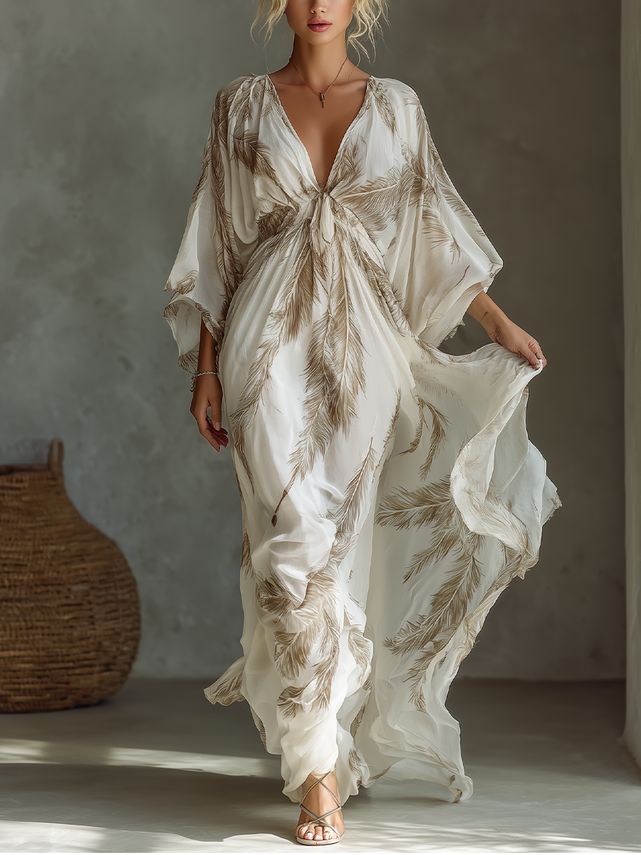 Women’s Ivory & Taupe Chiffon Maxi Dress with Palm Leaf Print, Twist Front & Dolman Sleeves – Tropical Elegant Style