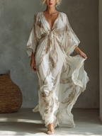Women’s Ivory & Taupe Chiffon Maxi Dress with Palm Leaf Print, Twist Front & Dolman Sleeves – Tropical Elegant Style