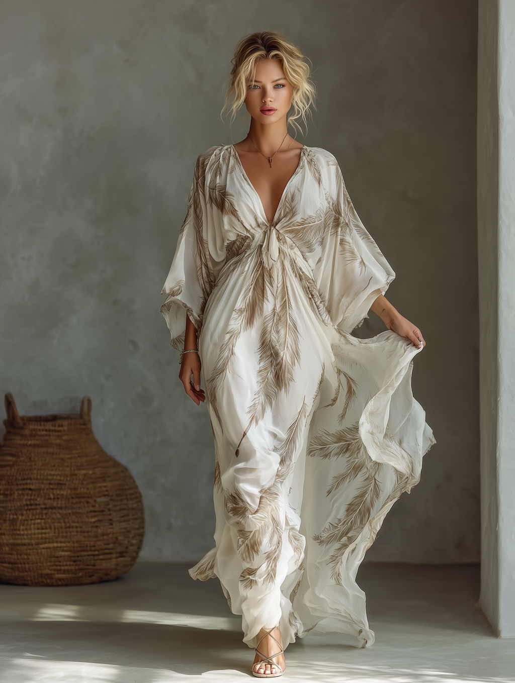 Women’s Ivory & Taupe Chiffon Maxi Dress with Palm Leaf Print, Twist Front & Dolman Sleeves – Tropical Elegant Style