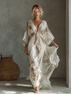Women’s Ivory & Taupe Chiffon Maxi Dress with Palm Leaf Print, Twist Front & Dolman Sleeves – Tropical Elegant Style