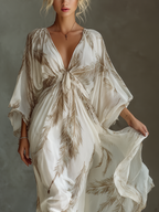 Women’s Ivory & Taupe Chiffon Maxi Dress with Palm Leaf Print, Twist Front & Dolman Sleeves – Tropical Elegant Style