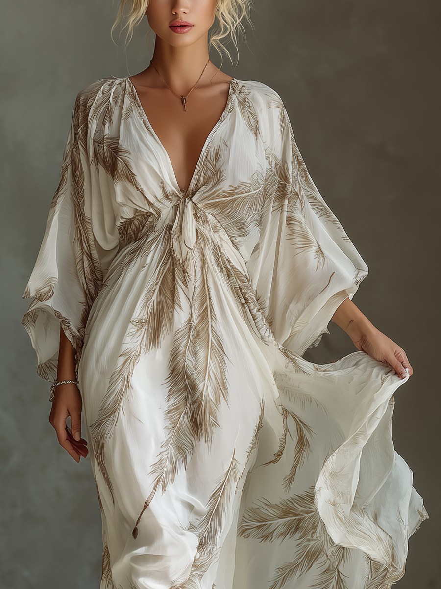 Women’s Ivory & Taupe Chiffon Maxi Dress with Palm Leaf Print, Twist Front & Dolman Sleeves – Tropical Elegant Style