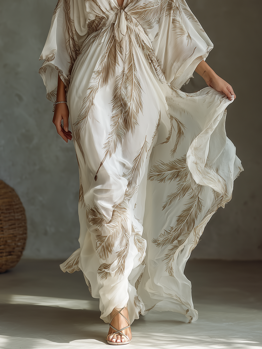 Women’s Ivory & Taupe Chiffon Maxi Dress with Palm Leaf Print, Twist Front & Dolman Sleeves – Tropical Elegant Style