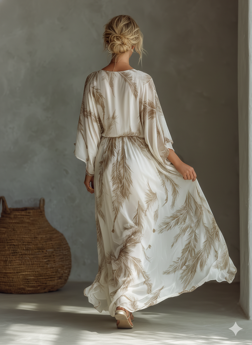 Women’s Ivory & Taupe Chiffon Maxi Dress with Palm Leaf Print, Twist Front & Dolman Sleeves – Tropical Elegant Style