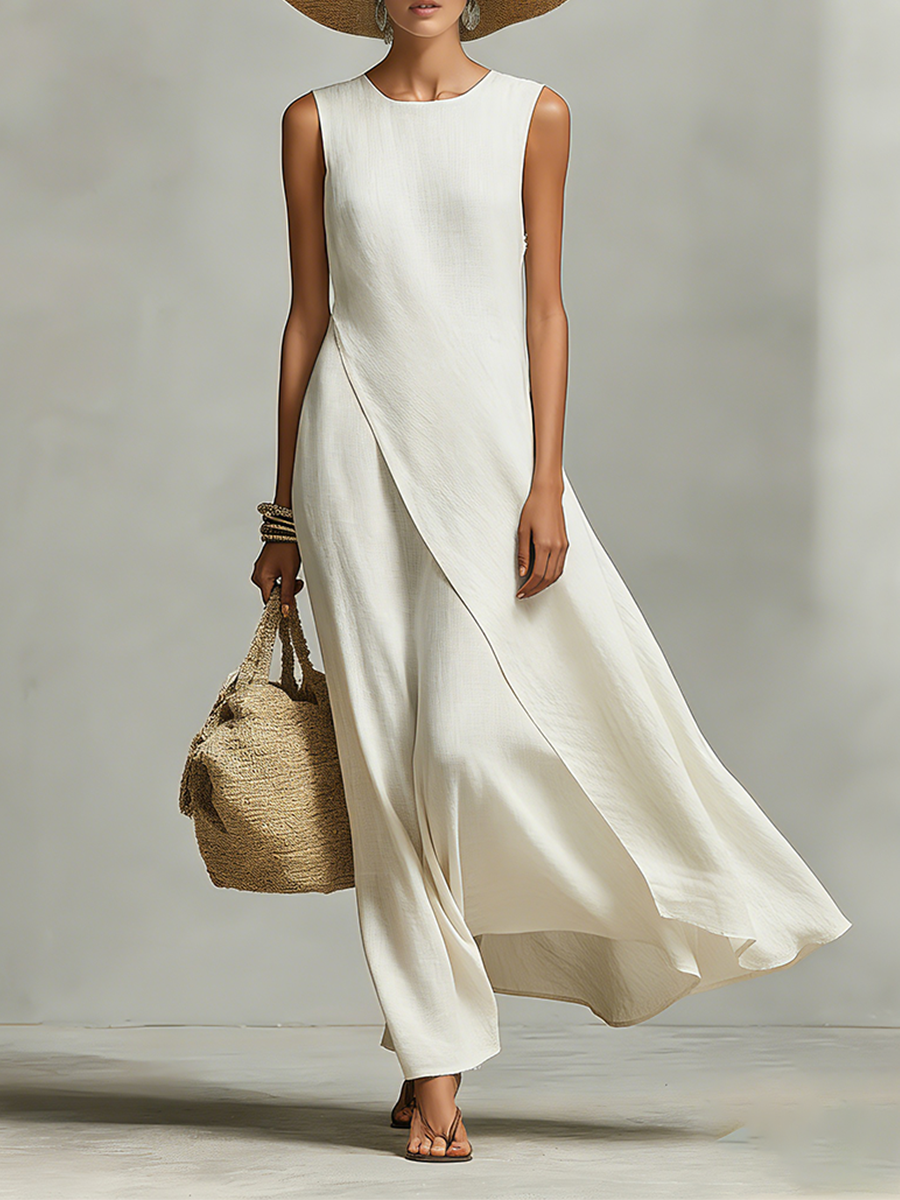 Women’s Ivory Breathable Linen Sleeveless Dress with Asymmetric Hem – Contemporary Feminine Style