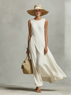 Women’s Ivory Breathable Linen Sleeveless Dress with Asymmetric Hem – Contemporary Feminine Style