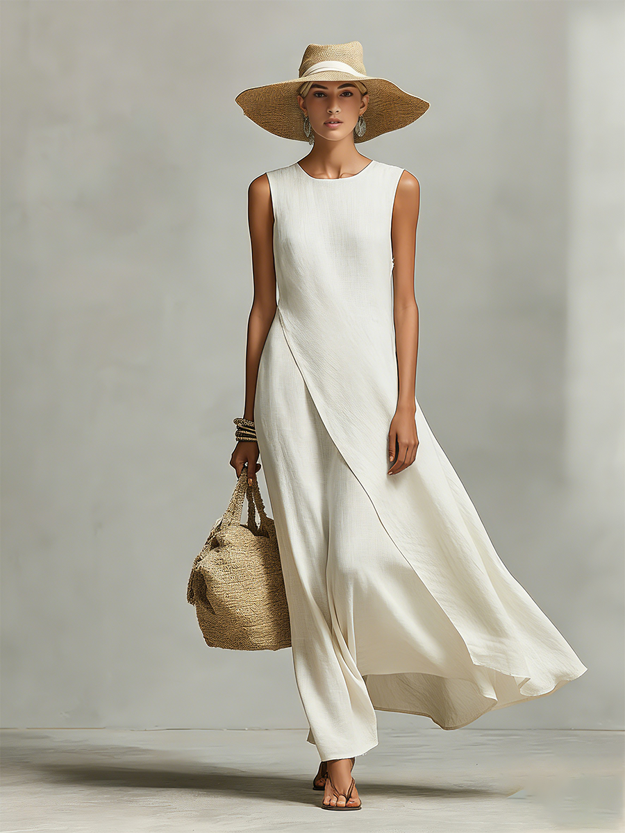 Women’s Ivory Breathable Linen Sleeveless Dress with Asymmetric Hem – Contemporary Feminine Style
