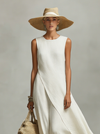 Women’s Ivory Breathable Linen Sleeveless Dress with Asymmetric Hem – Contemporary Feminine Style