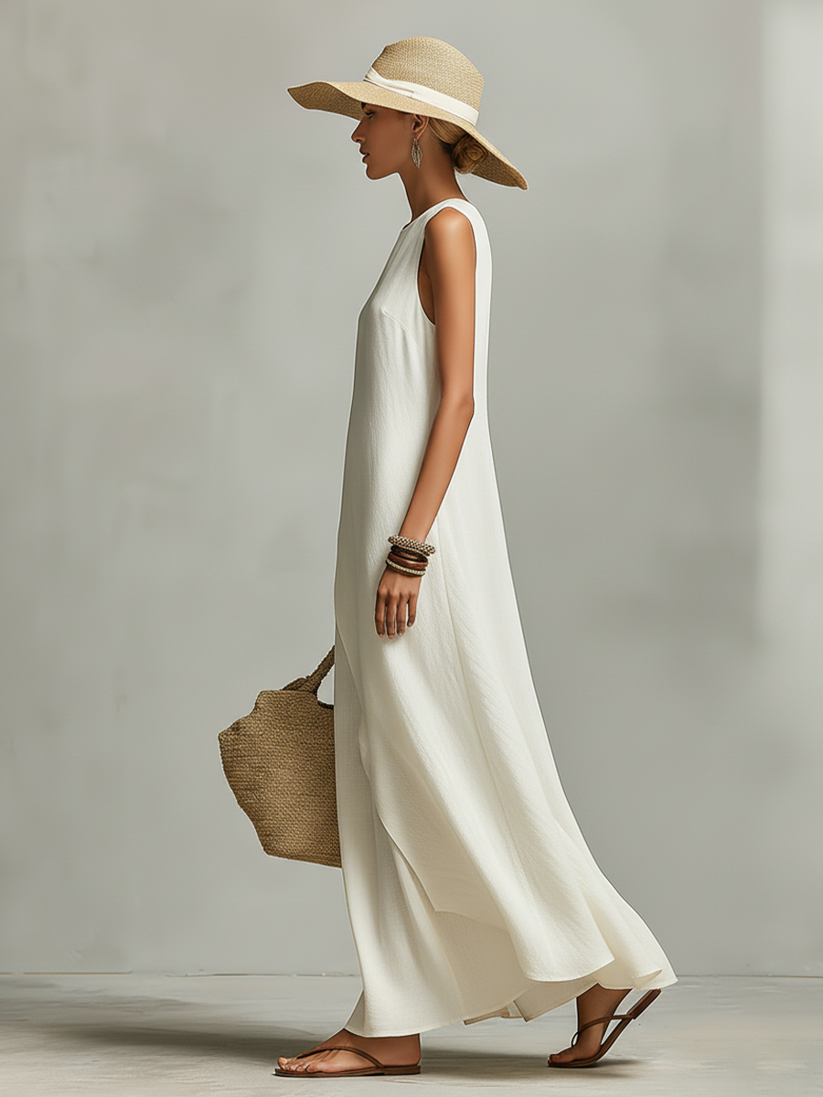Women’s Ivory Breathable Linen Sleeveless Dress with Asymmetric Hem – Contemporary Feminine Style