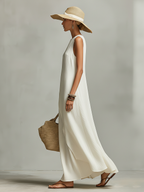 Women’s Ivory Breathable Linen Sleeveless Dress with Asymmetric Hem – Contemporary Feminine Style