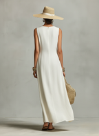Women’s Ivory Breathable Linen Sleeveless Dress with Asymmetric Hem – Contemporary Feminine Style