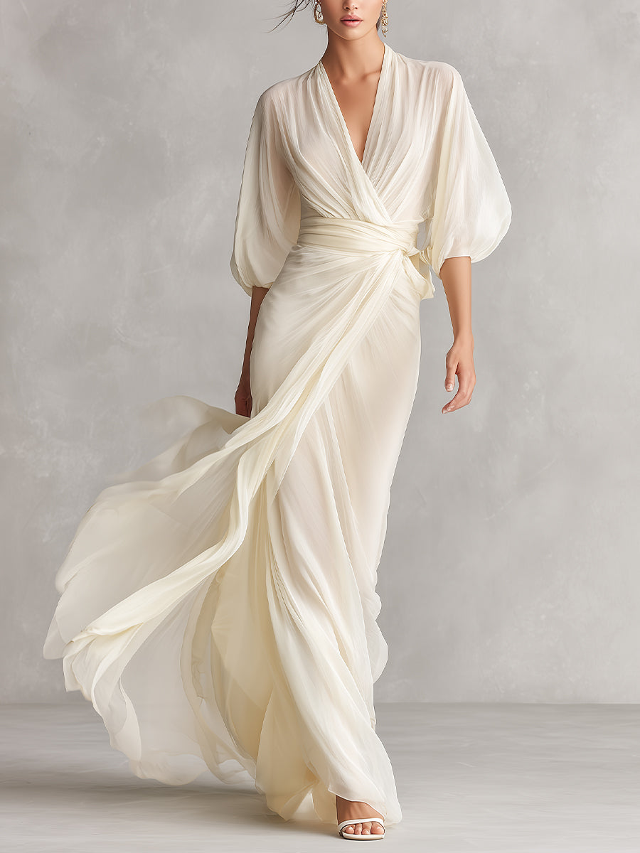 Women’s Ivory Sheer Chiffon Wrap Dress with Puff Sleeves – Romantic Luxe Maxi Style
