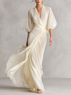 Women’s Ivory Sheer Chiffon Wrap Dress with Puff Sleeves – Romantic Luxe Maxi Style