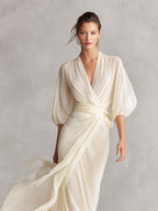 Women’s Ivory Sheer Chiffon Wrap Maxi Dress — Puff Sleeve Romantic Luxe Evening Dress