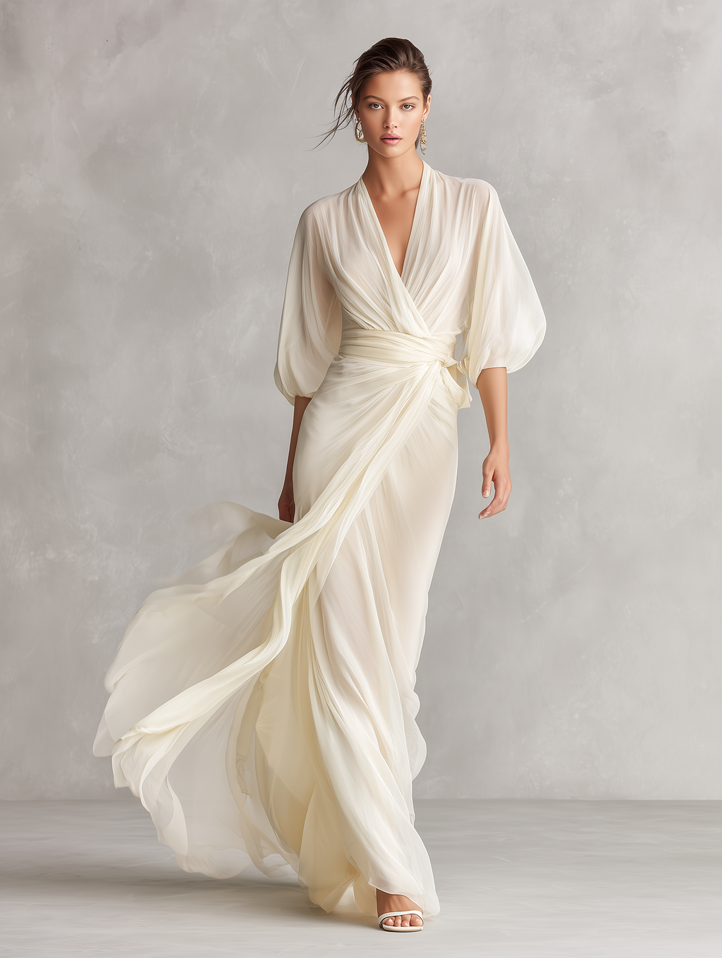 Women’s Ivory Sheer Chiffon Wrap Dress with Puff Sleeves – Romantic Luxe Maxi Style