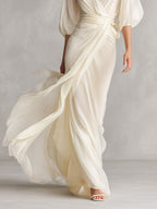 Women’s Ivory Sheer Chiffon Wrap Maxi Dress — Puff Sleeve Romantic Luxe Evening Dress